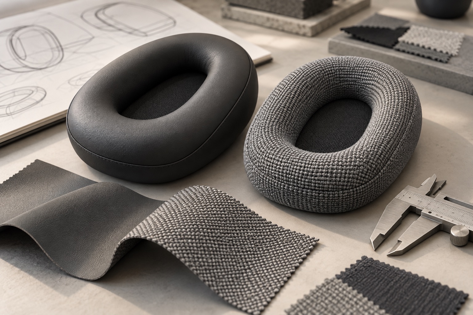 Two headphone cushion concepts with curved textile samples and a caliper.