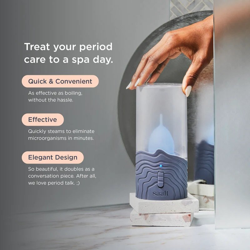 Saalt steamer in spa-like setup with text overlay describing product benefits
