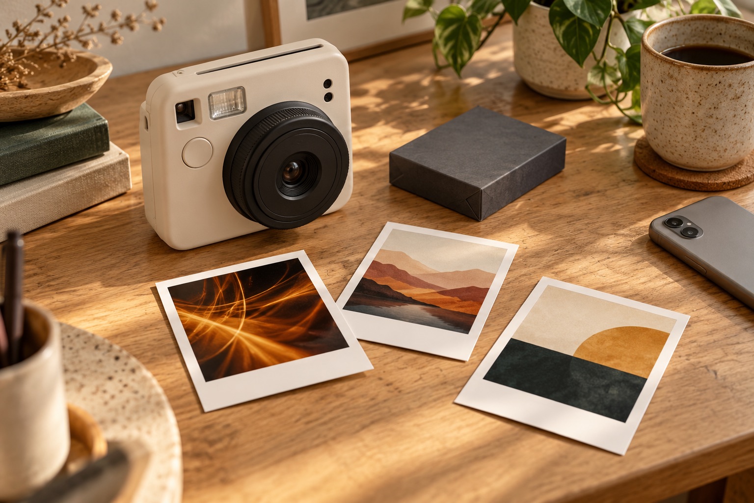 Generic camera, abstract prints, plain film-pack-shaped box and a face-down phone on a worktable.