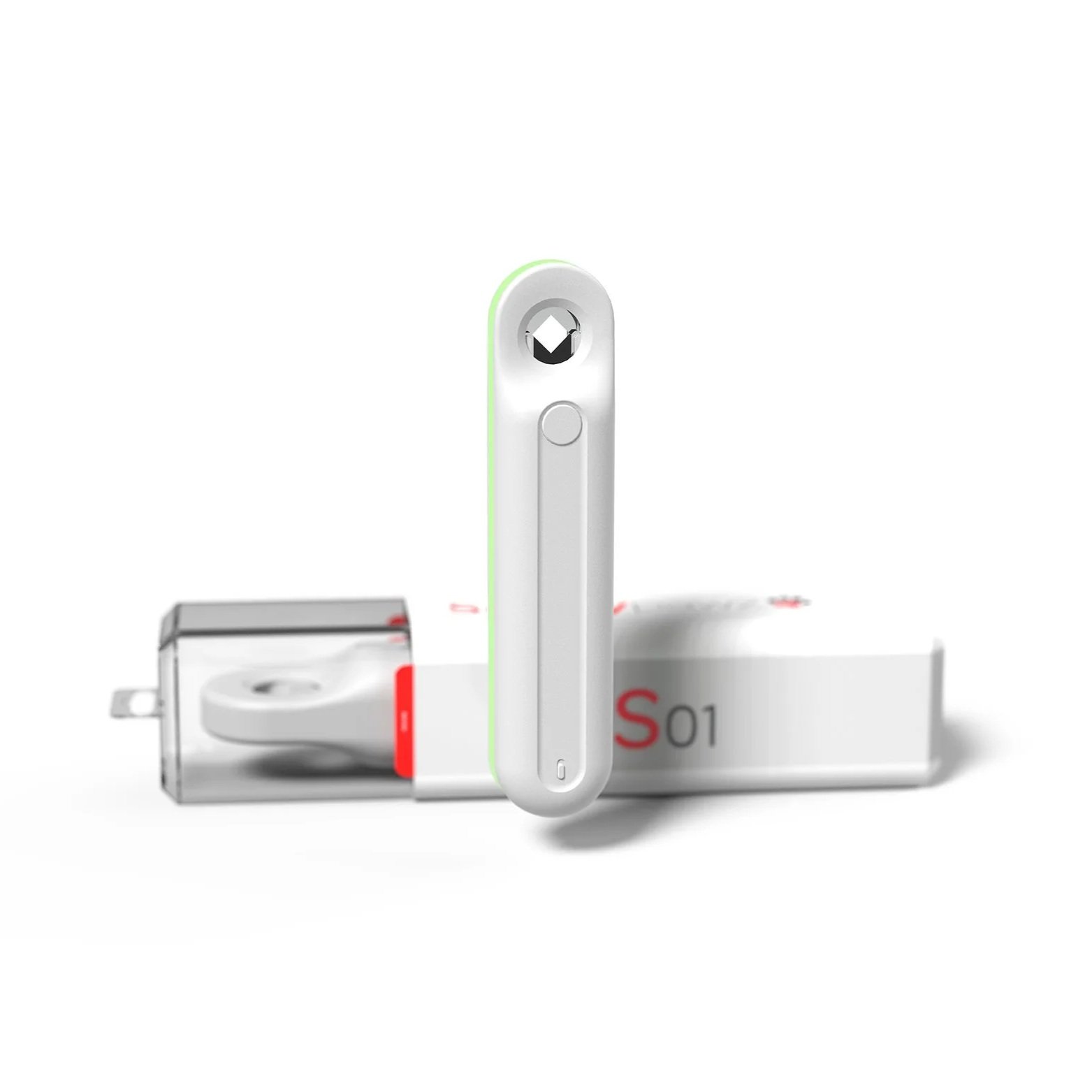 A wireless earbuds case standing upright with a transparent charging case and a white strap labeled S01 in the background.