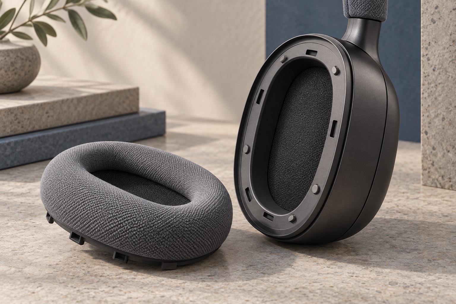 Conceptual illustration of a generic headphone earcup and detached fabric cushion, showing an attachment rim.