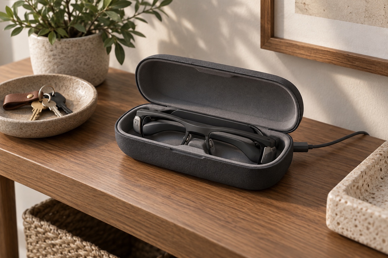 Smart glasses stored inside an open charging case beside keys.
