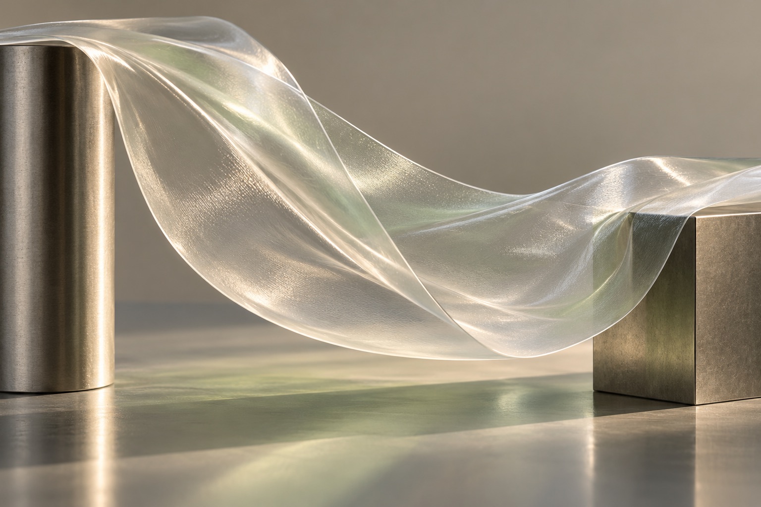 Conceptual illustration of a translucent film ribbon under grazing light.