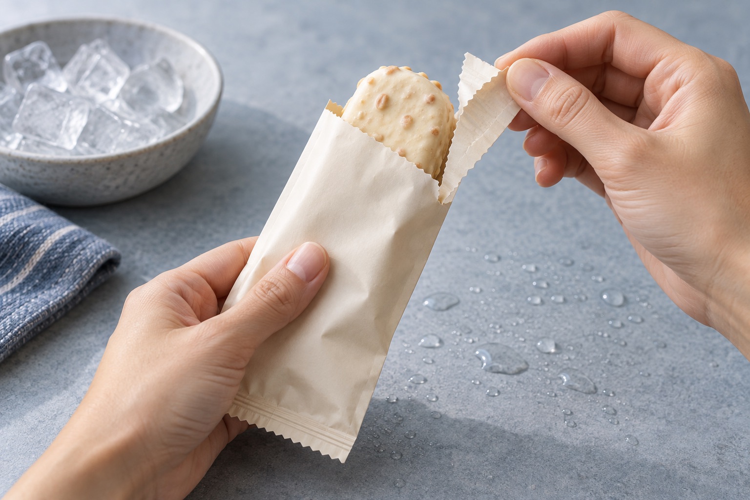 Two hands opening a small wrapped frozen treat through a controlled tear notch on a cool countertop.