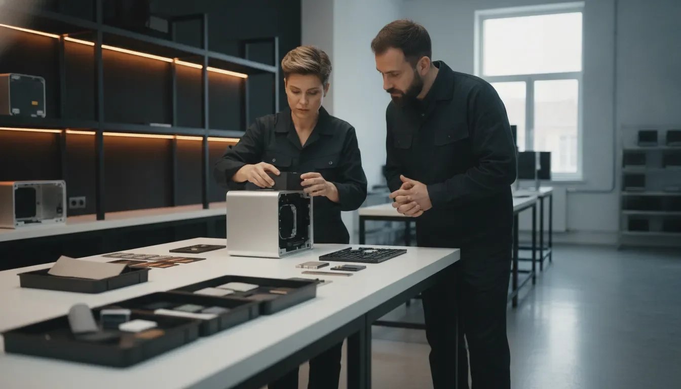 Product team reviewing a physical prototype and components during a manufacturing quality checkpoint.