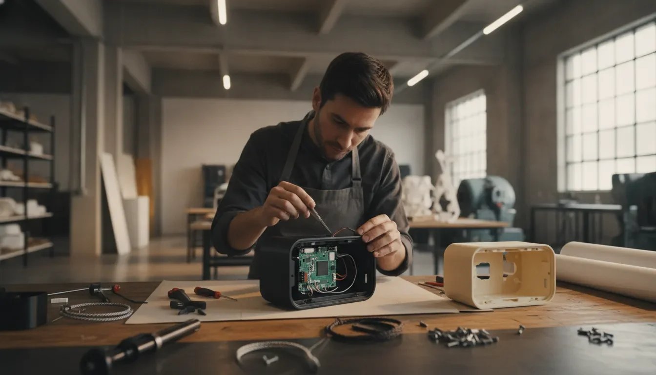 Product designer working on a consumer device prototype with an integrated microcontroller and electronics visible inside the housing.