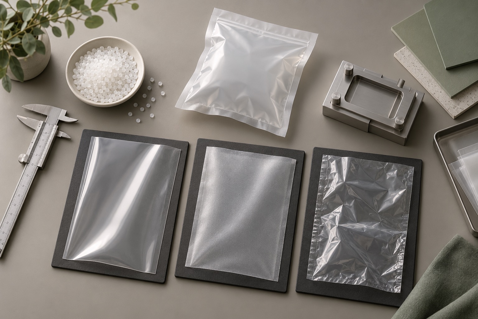 Conceptual illustration of clear film samples, a pouch and measurement tools.