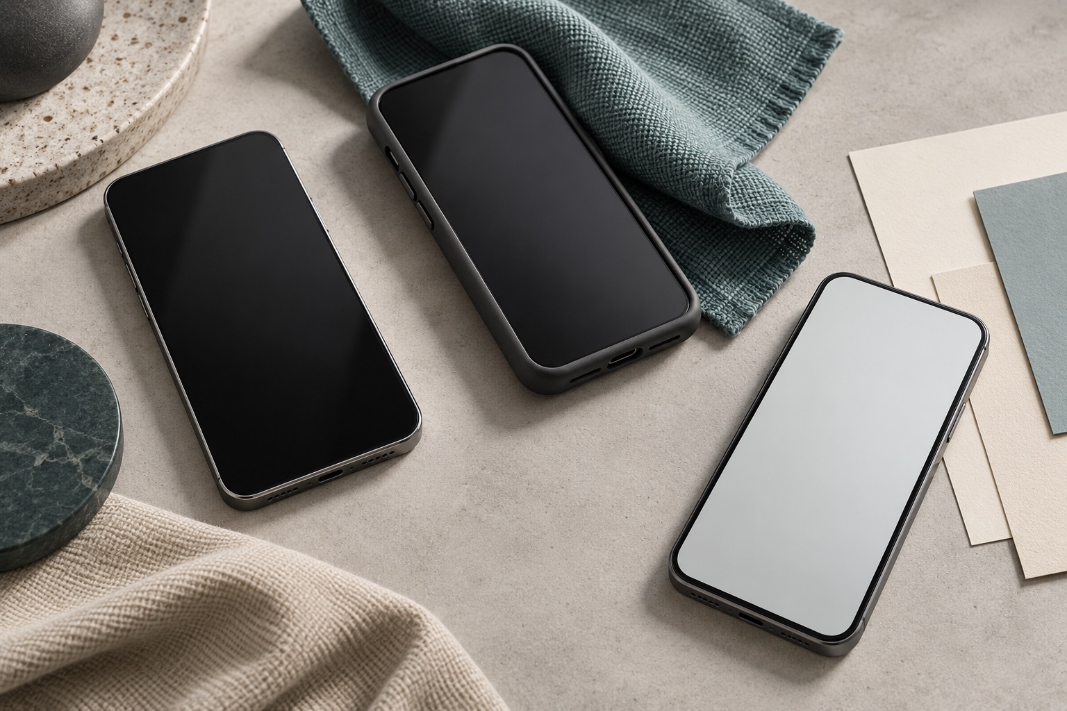 Generic phones, case and fabric arranged for interaction testing.