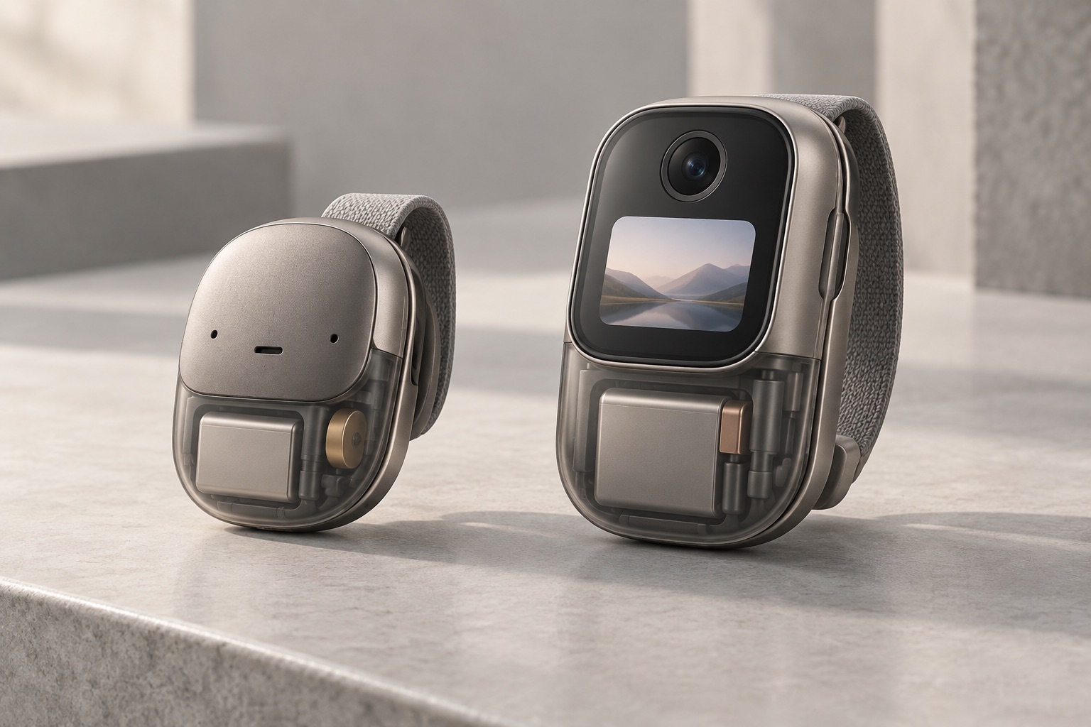 Conceptual comparison of a compact voice-and-sensor wearable and a larger camera-and-display wearable with translucent housings.