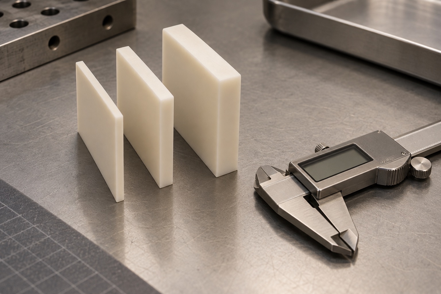 Conceptual illustration of three polymer coupons of different thickness beside a caliper.