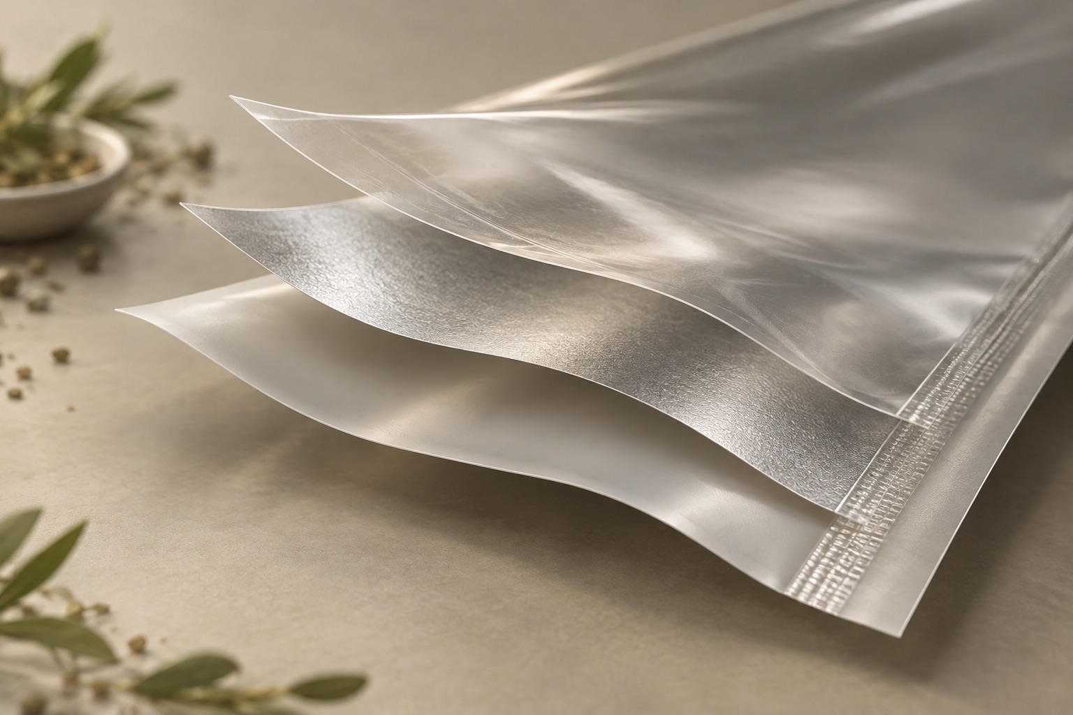 Exploded conceptual flexible package layers showing a simplified PE film, metallic finish, printed surface, and seal area.