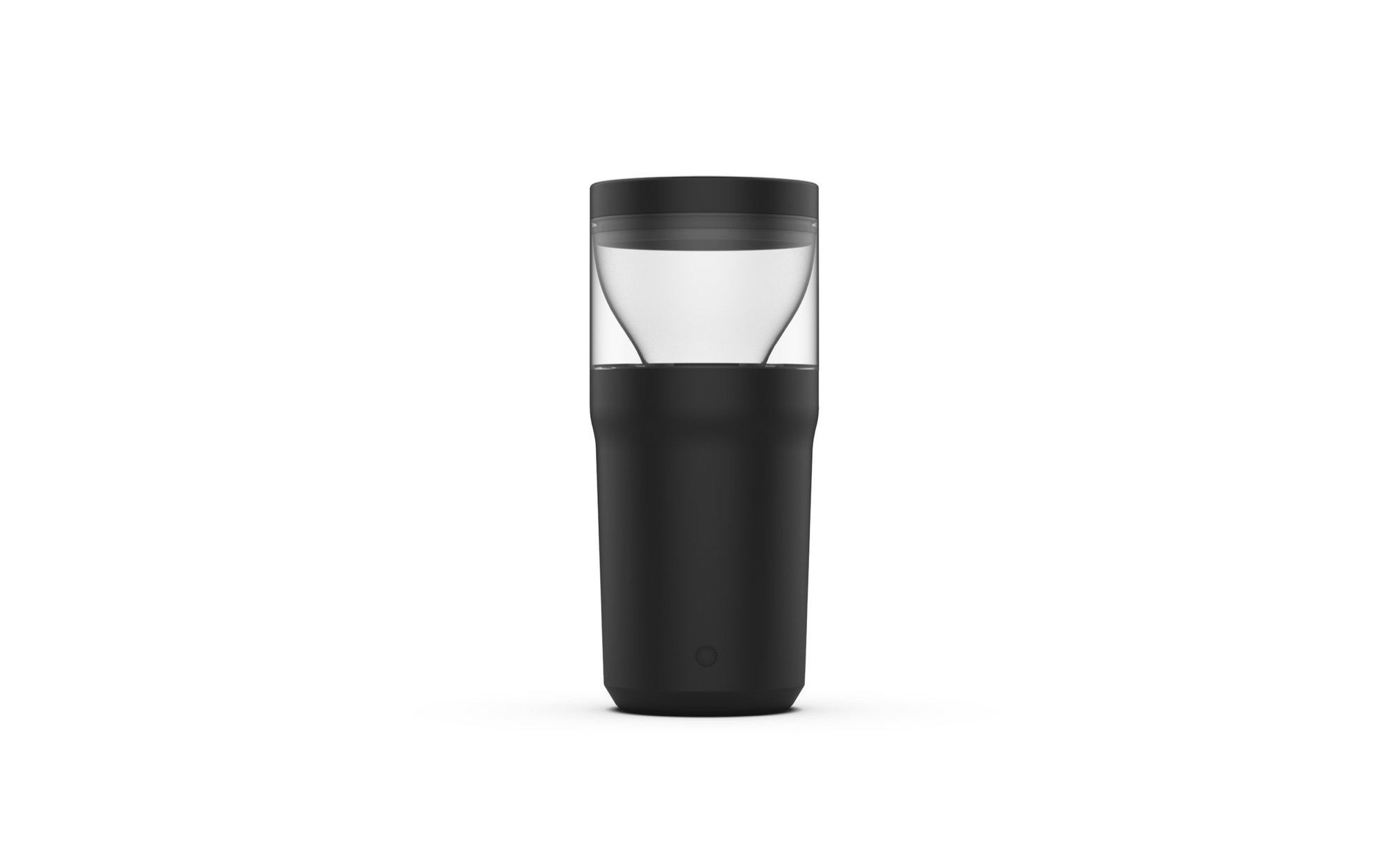 A black and transparent portable coffee mug with a lid, filled with water.