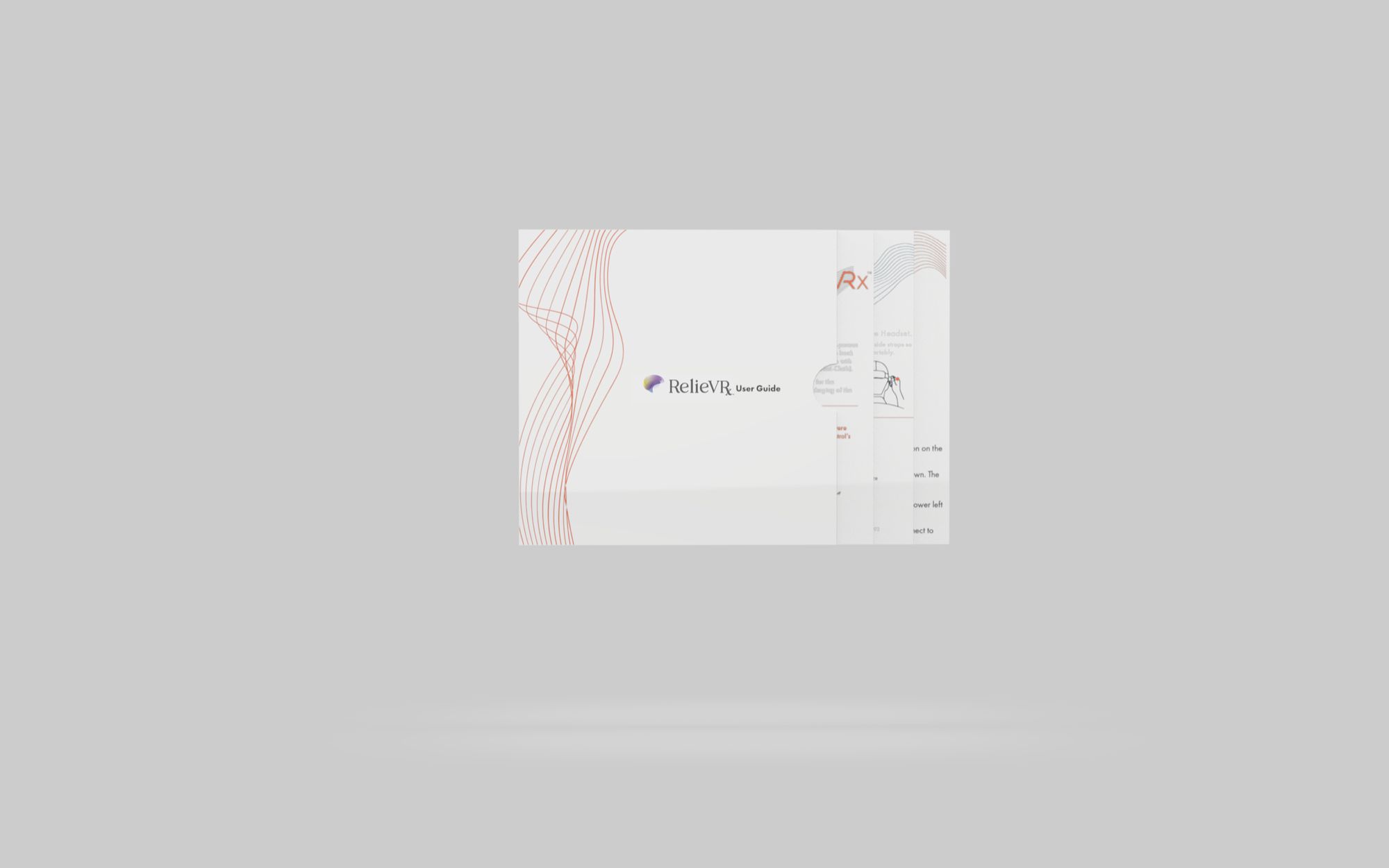 Cover page of a user guide titled 'RelieVR.' The design features abstract red lines and a logo with a colorful abstract shape.