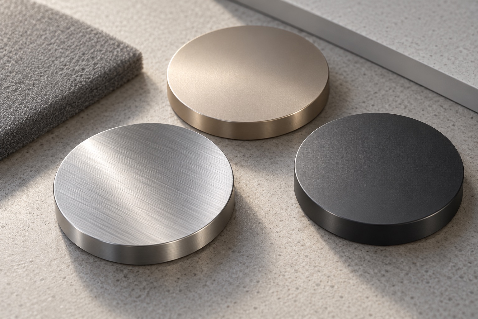 Three metal finish disks and a cushion material sample under grazing light, illustration.