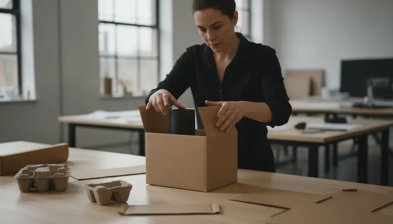 Product designer checking a protective retail packaging prototype