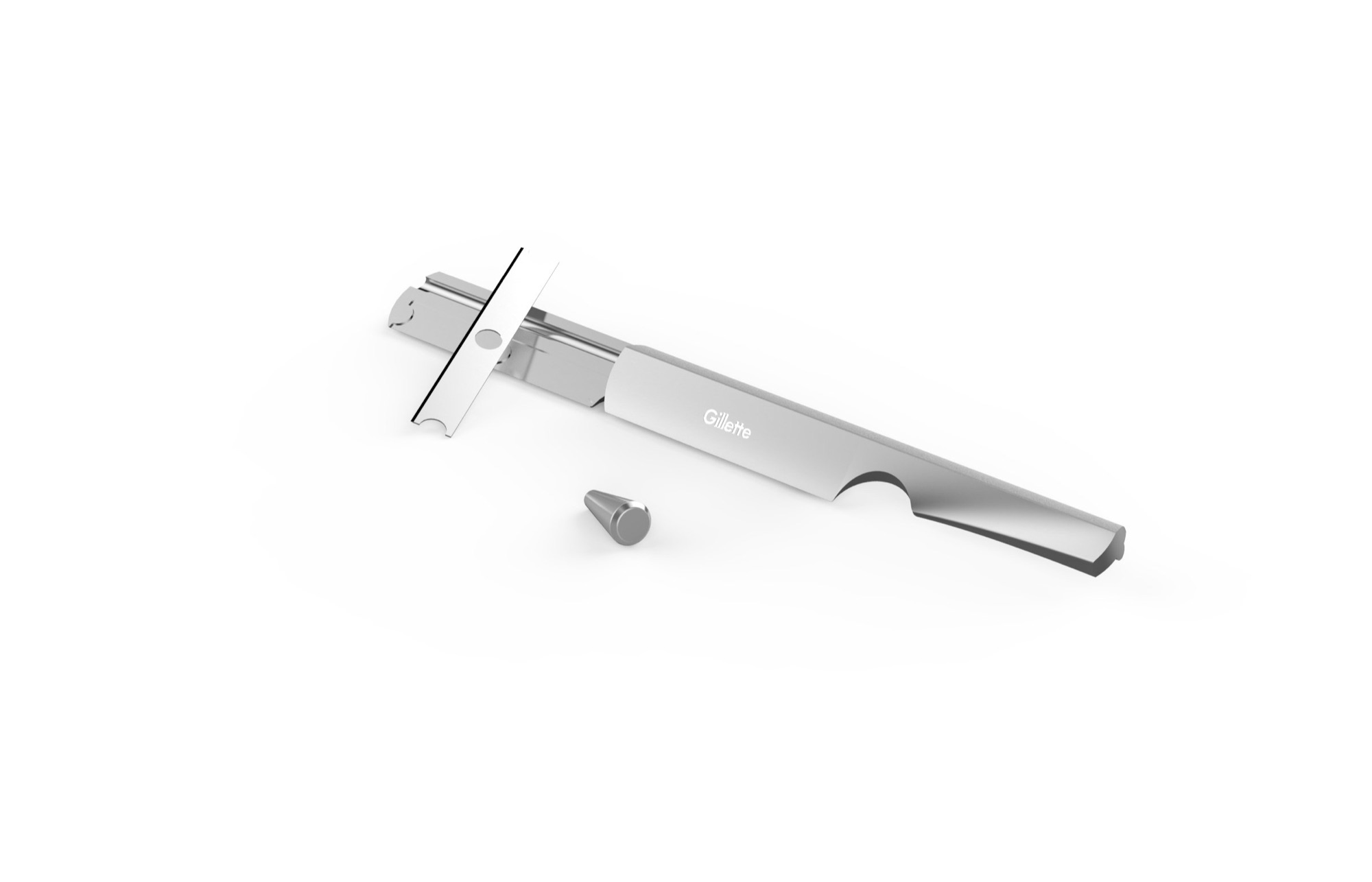Disassembled Gillette straight razor showing precision blade and handle components on a clean white background.