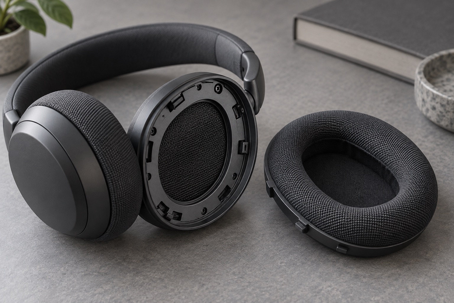 Conceptual headphone earcup with a removable oval cushion beside it.