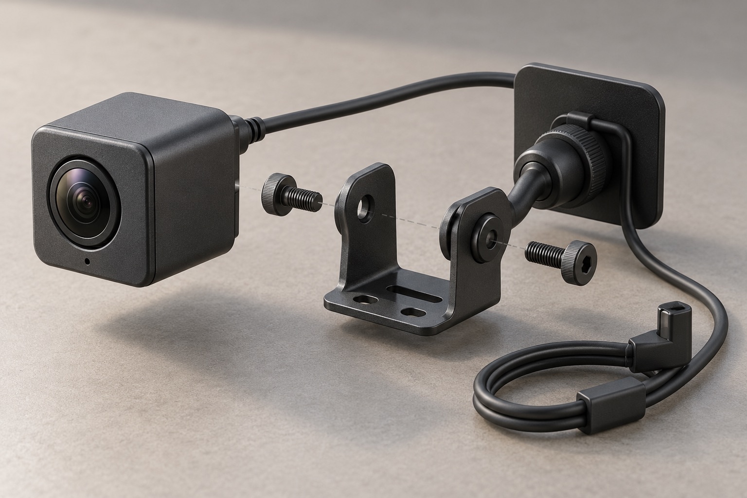 Exploded conceptual arrangement of a compact camera, adjustable bracket, screws and short cable.