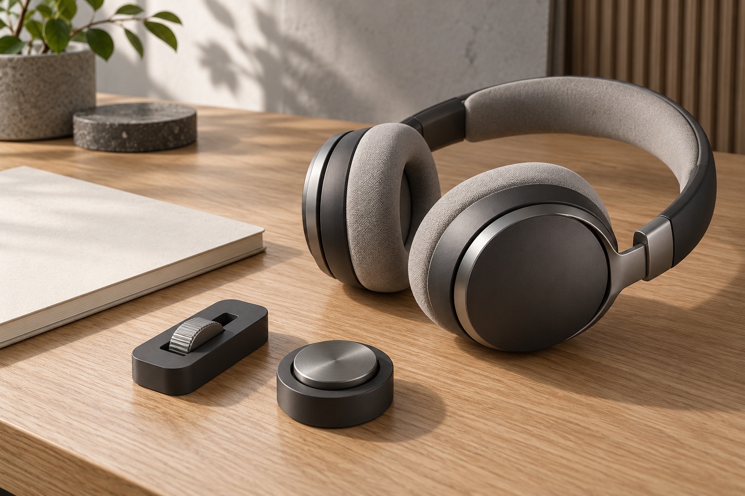 Generic headphones with a ridged wheel and circular button sample on a desk, illustration.