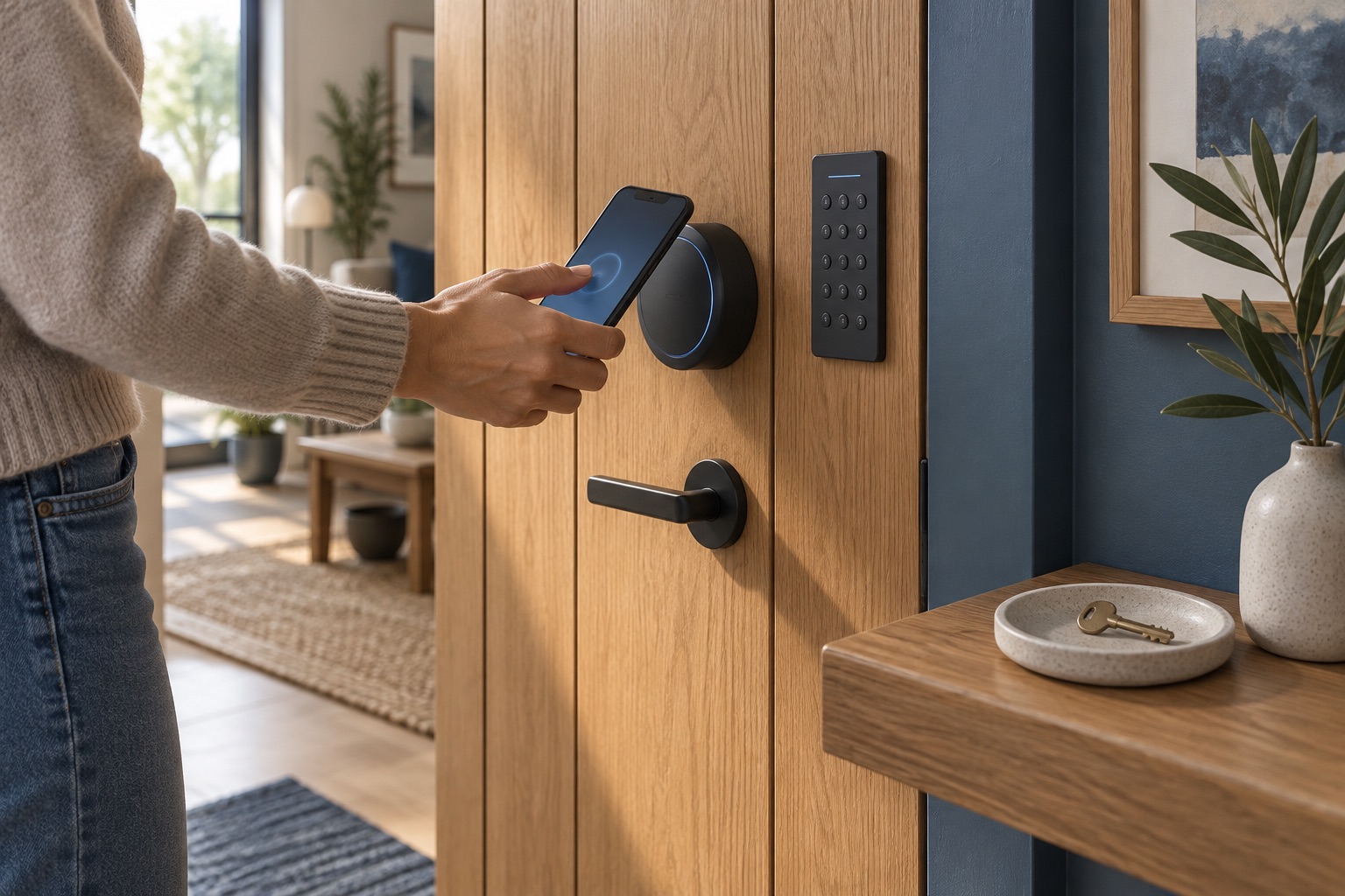 A hand holding a phone near a fictional smart lock, with a keypad and physical key shown as alternative access methods.