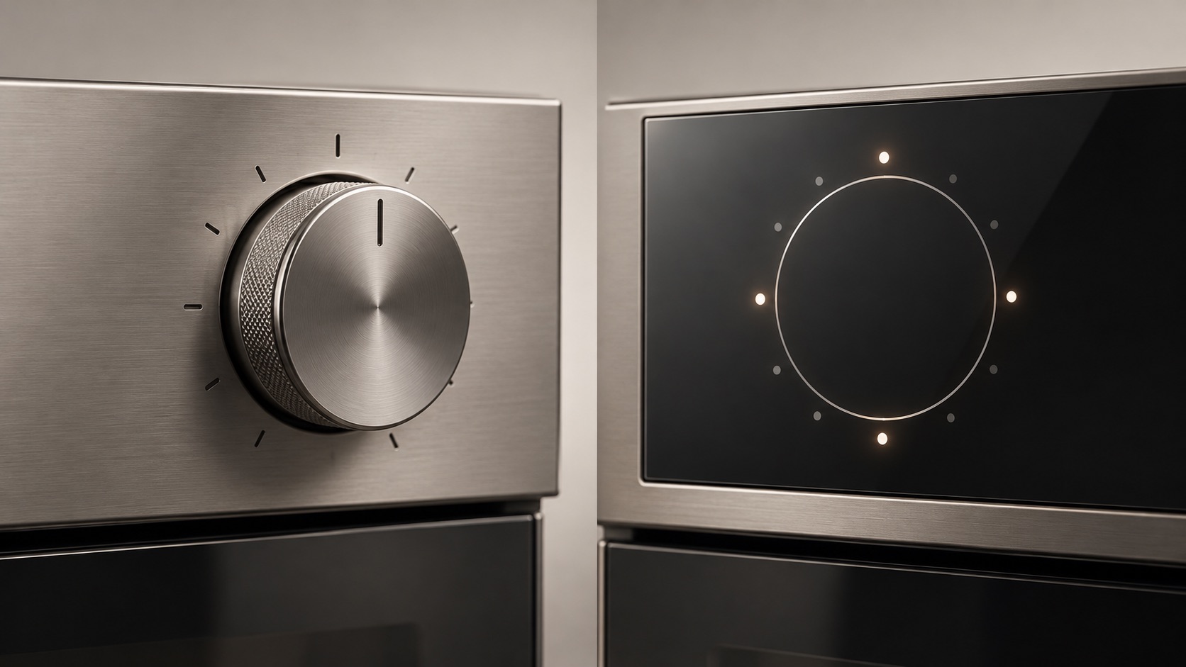 Side-by-side conceptual comparison of a tactile metal rotary knob and an illuminated capacitive touch wheel.