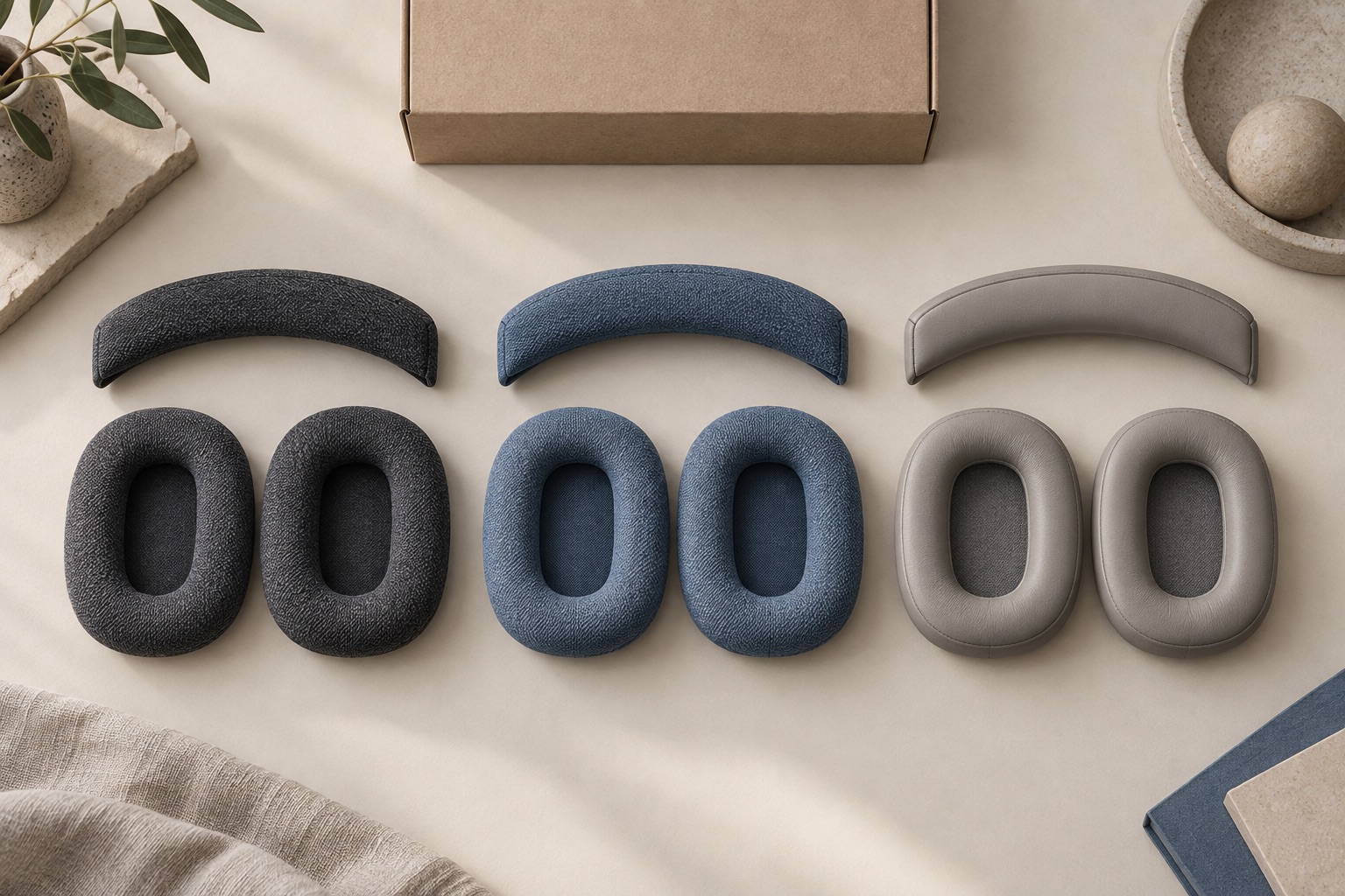 Three coordinated sets of headphone ear cushions and headband pads in graphite, blue, and gray.