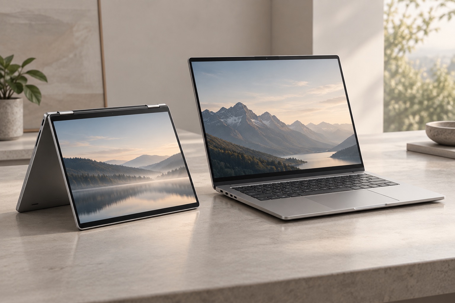 Conceptual comparison of a convertible laptop beside a larger open work laptop.