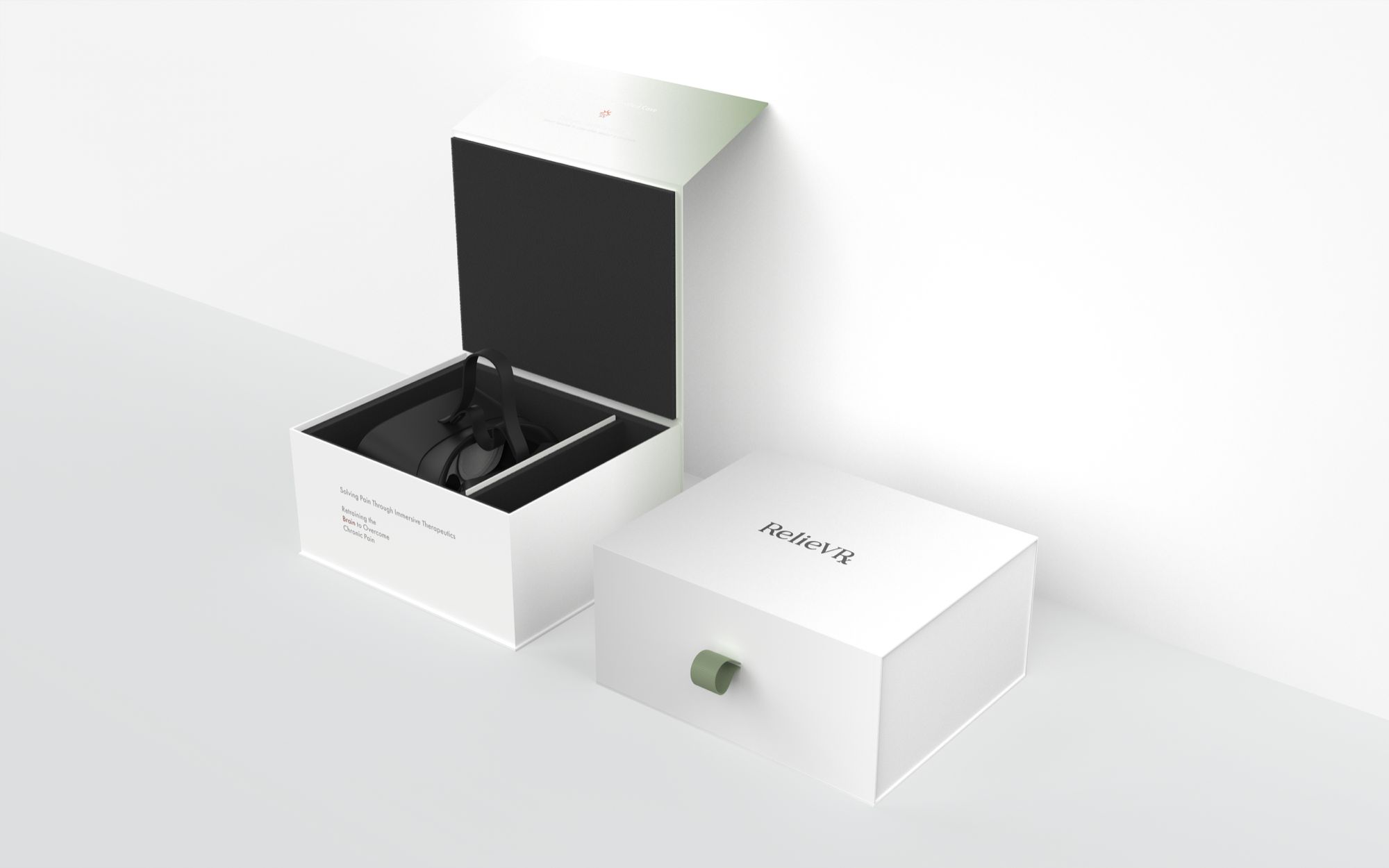 Open box with black VR headset inside, alongside a closed white box labeled 'RelievVR' with a green tab, on a plain white surface with a white background.