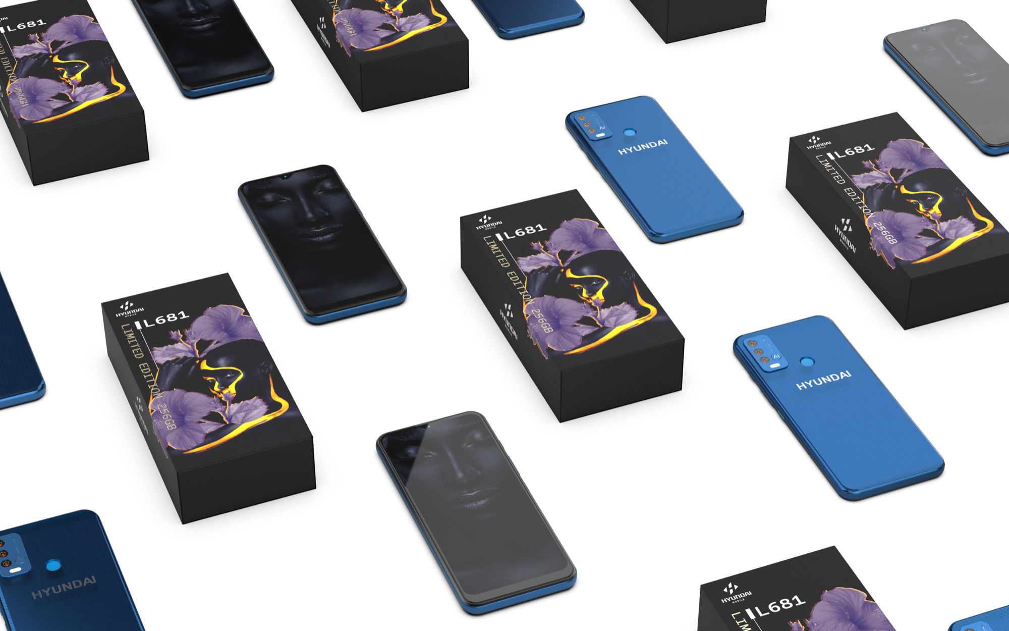 Multiple smartphones and phone boxes displayed on a white background, with some phones turned on and showing dark or black screens. The phone boxes are labeled 'HYUNDAI IL681' and feature a purple flower design.
