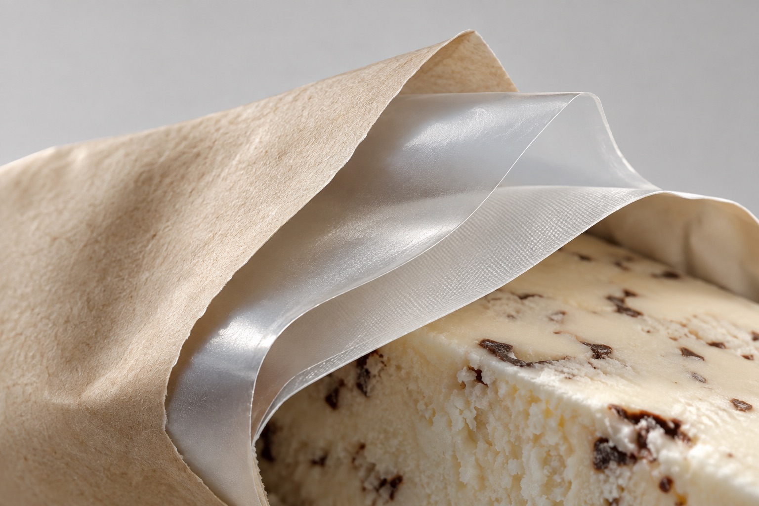 Close view of a generic flexible wrapper peeled back to show thin paper-like and translucent barrier layers around an ice-cream bar.