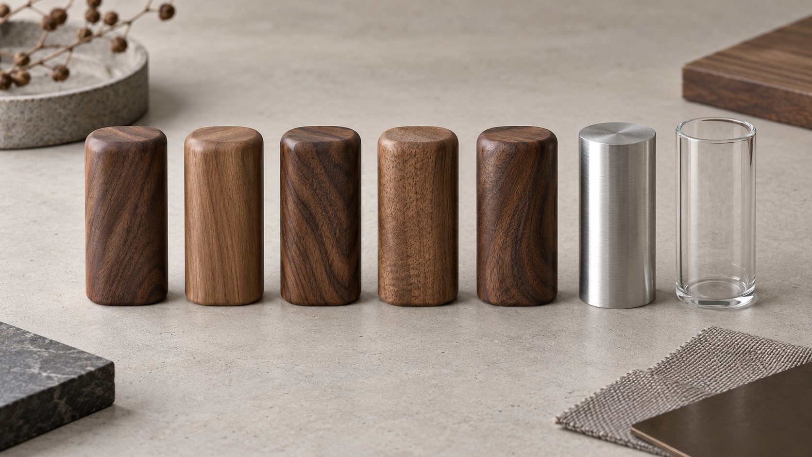 Conceptual illustration of five walnut samples with varied grain beside aluminum and glass samples.