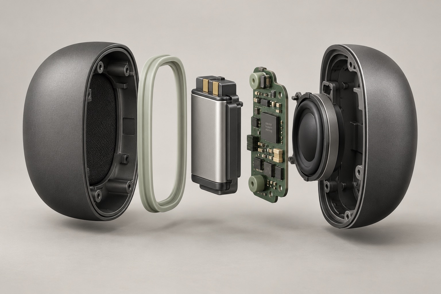 conceptual exploded illustration of a generic audio-device shell, gasket and battery cartridge.