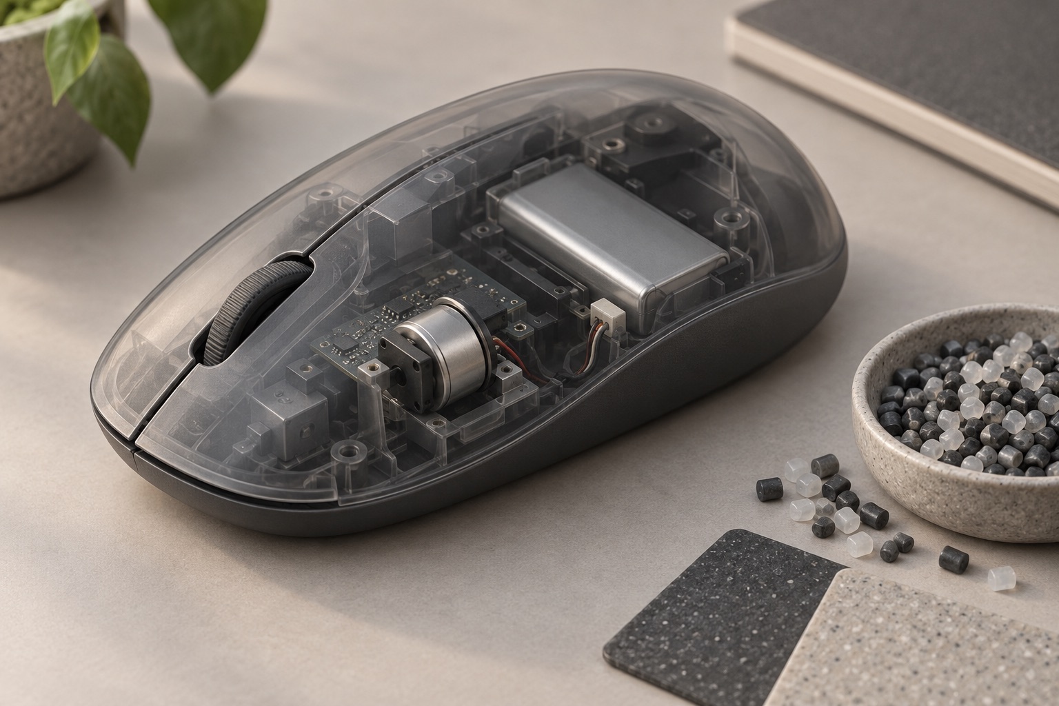Conceptual cutaway of a generic mouse showing a haptic actuator and battery, alongside recycled polymer pellets